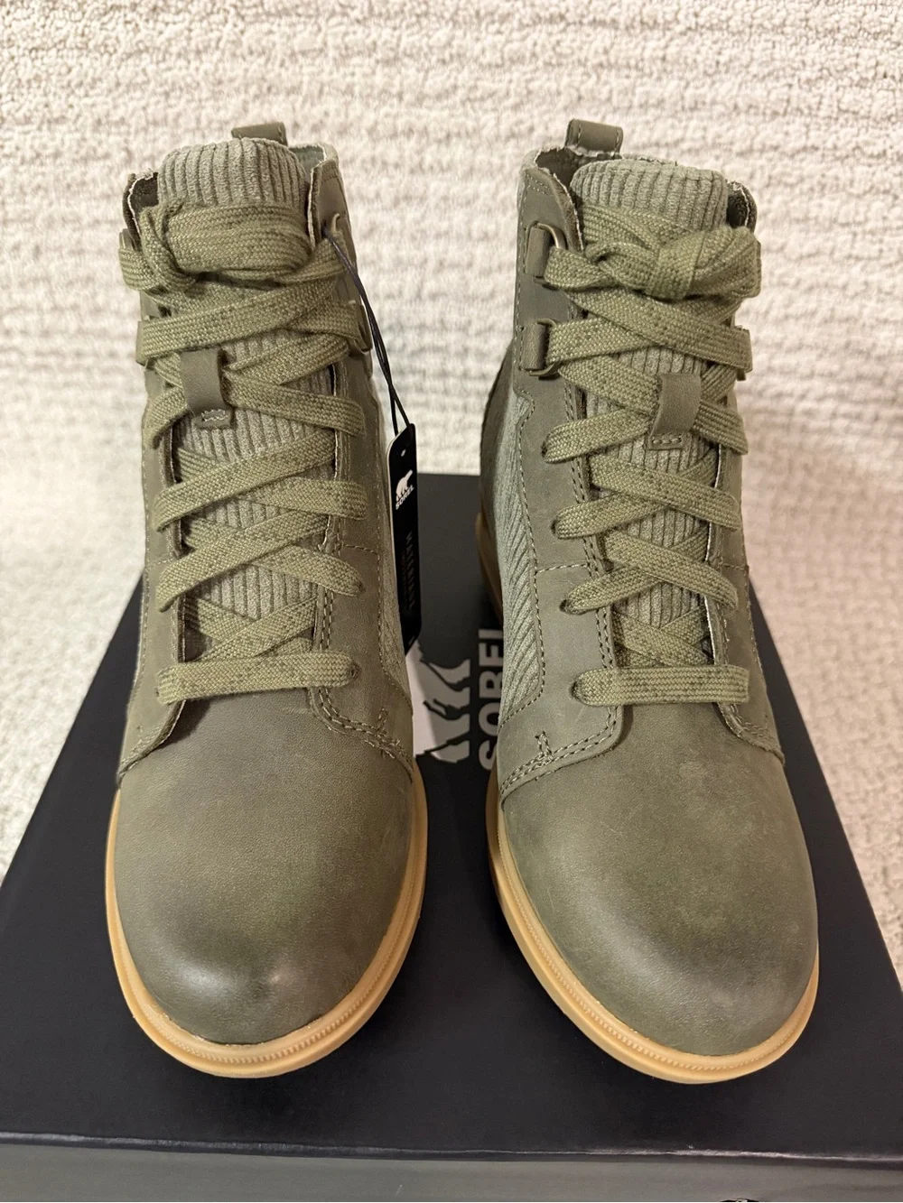 Sorel Women Size 5.5 Evie II NW Lace Stone Green Waterproof Wedge Booties Boots
